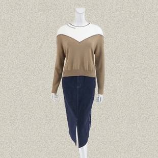 女秋冬绵羊毛针织上衣毛衫 拼色不对称明线落肩袖 00162 正品 仿F