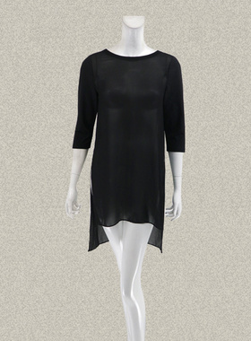 法路INA 正品 针梭拼七分袖侧开叉半透视黑色女夏秋罩衫长衫 5786