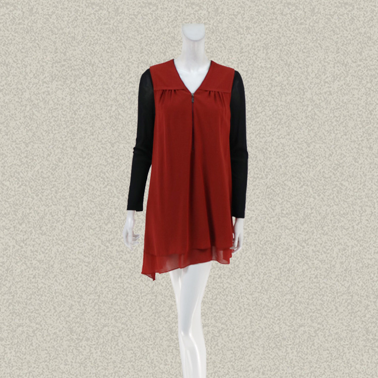 蕾DOW 半开胸拉链斜摆毛边装饰拼色假两件女春秋套头连衣裙长衫