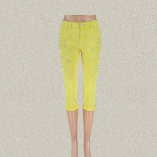 正品 中裤 烫钻清新鹅黄女春夏棉弹力修身 六分裤 940 小脚裤 JH风