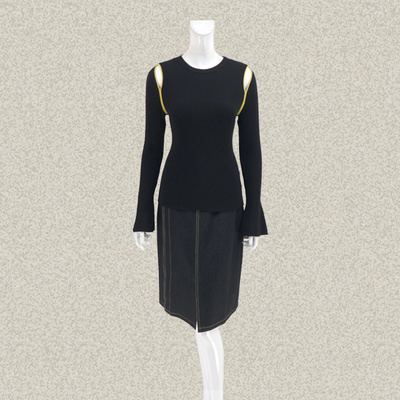 仿F/DE K*RA  拼色小性感露肩喇叭袖修身女冬春针织衫毛衣 00088