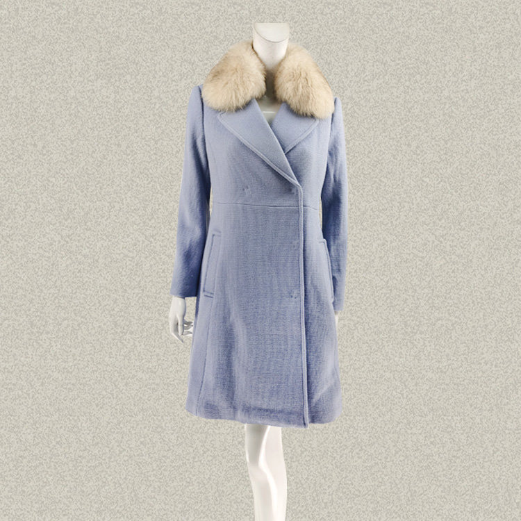 C*fon 可拆狐狸毛领清新浅天蓝OL女春秋冬95.8%羊毛大衣呢外套230