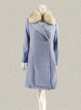 C*fon 可拆狐狸毛领清新浅天蓝OL女春秋冬95.8%羊毛大衣呢外套230