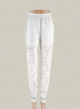 森系列 吉GINA 正品 松紧腰白色女夏秋蕾丝萝卜裤长裤  2E1B357