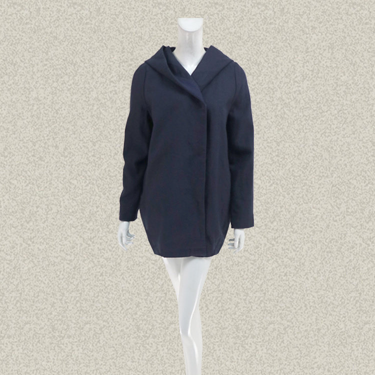 法路INA 正品 编织拼接连帽深蓝女秋冬羊毛亚麻风衣长外套 0022