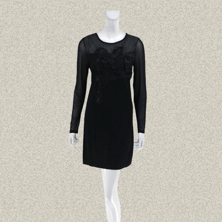 丝fu卡 性感欧根纱拼接钉珠绳绣黑色女春秋羊毛针织连衣裙 180730