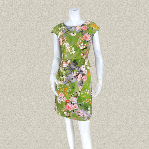 沐LINE 正品 唯美工笔花卉印花女春夏包肩轻熟修身连衣裙 8135533