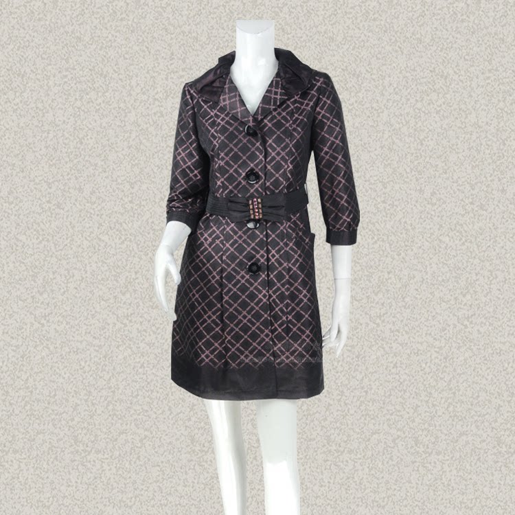钡家 正品 格子提花拼色双层领七分袖淑女春秋修身风衣外套 142U