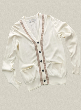 桀* J*eor男装正品 织带拼色清新米白V领长袖春秋冬针织开衫20506