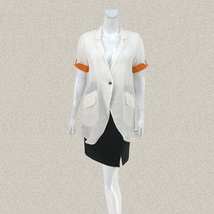 裘TN 正品 西装领一粒扣拼色短袖白色女春夏全苎麻薄外套 542169D