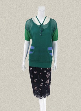 裘TN 正品 连帽袋鼠袋拼色女夏秋亚麻两件套针织衫上衣 532100A