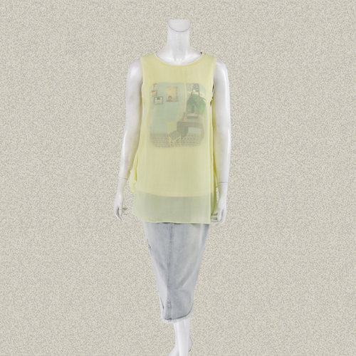 尚MORE 正品 清新印花鹅黄色减龄女夏季桑蚕丝拼接背心上衣 XC096