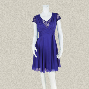 蕾DOW 蕾丝拼接亮片V领包袖 收腰女夏蓝色大摆裙连衣裙 24157 正品