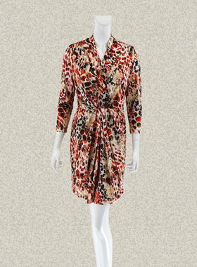丝fu卡 正品 褶皱遮肚橙色豹纹V领女夏秋九分袖针织连衣裙 16012