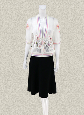 新!森系列 G*GINA 罗纹拼色绣花女夏拉链薄款白色针织外套2H1F259