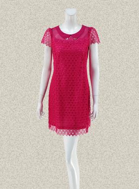 新!蕾DOW 正品娃娃领半透视镂空绣花甜美短袖女夏连衣裙L4SB14035