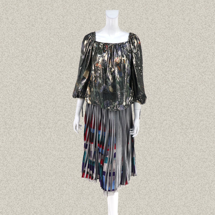 正品亮丝印花灯笼袖春夏衬衫