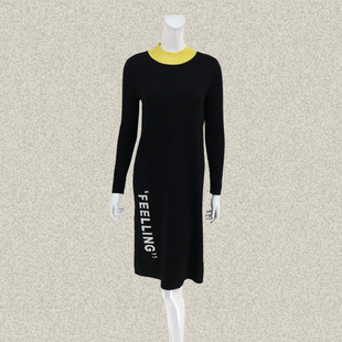 仿F 正品 拼色半高领不对称字母提花黑色针织连衣裙毛衫裙 00209