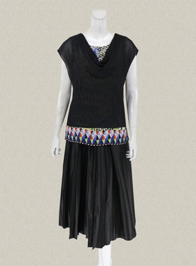 丝fu卡 正品 印花拼色连肩袖荡领减龄假两件女夏秋套头上衣226330