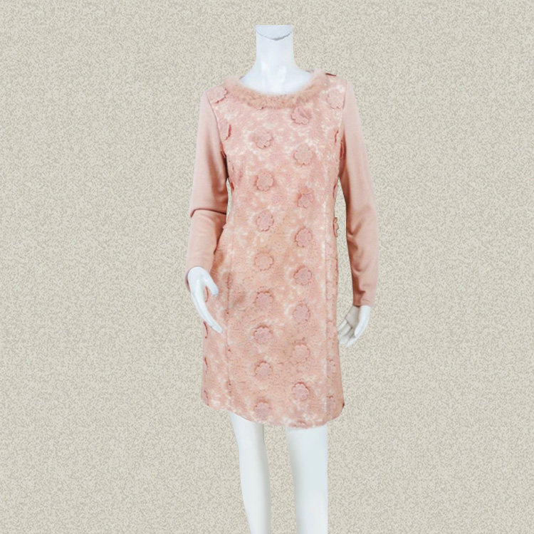 C*fon 正品清仓 立体绣花兔毛领边修身女秋冬弹力针织连衣裙LA138