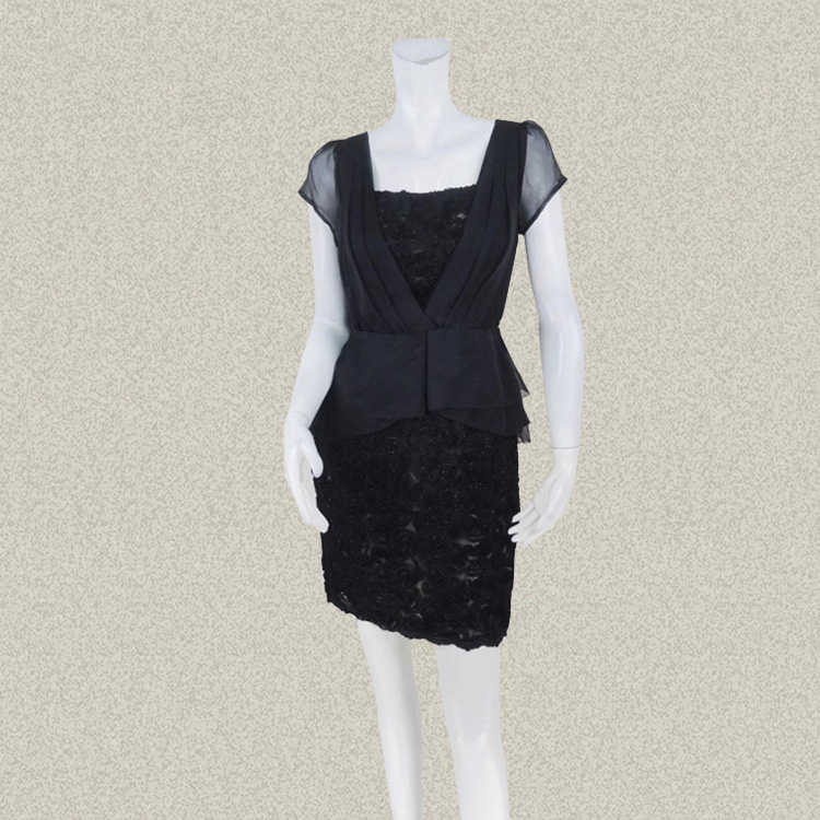 C*fon 正品 立体绣花钉珠精致假两件轻奢黑色女夏短袖连衣裙LC133