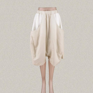 松紧腰提花拼色垮裆女夏秋亚麻六分阔腿裤 正品 53601