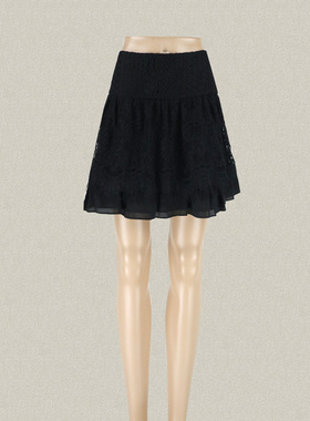 丝fu卡 正品 睫毛蕾丝下摆黑色女夏秋半身裙大摆裙短裙275270 XXL