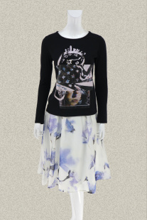 印花钉珠镶钻薄绒底修身 正品 女春秋弹力针织上衣642576A 裘TN 新