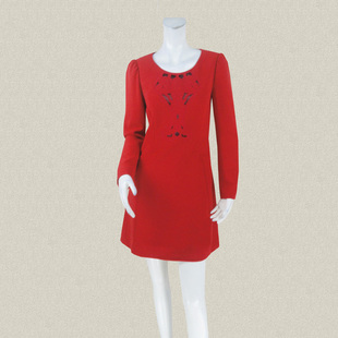 Double*爱 正品 精致镂空绣花喜庆红色女春秋长袖连衣裙4026 4002