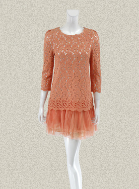 JH风 正品 镂空绣花九分袖甜美假两件淑女春秋短款连衣裙 LC132