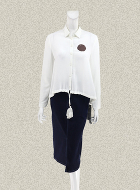 法路INA 正品 撞色印花下摆抽绳企领A型女春秋白色衬衫上衣 6437