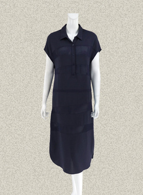 奈CO 正品 翻领半开胸网眼拼接深蓝女夏季H型显瘦连衣裙 620200