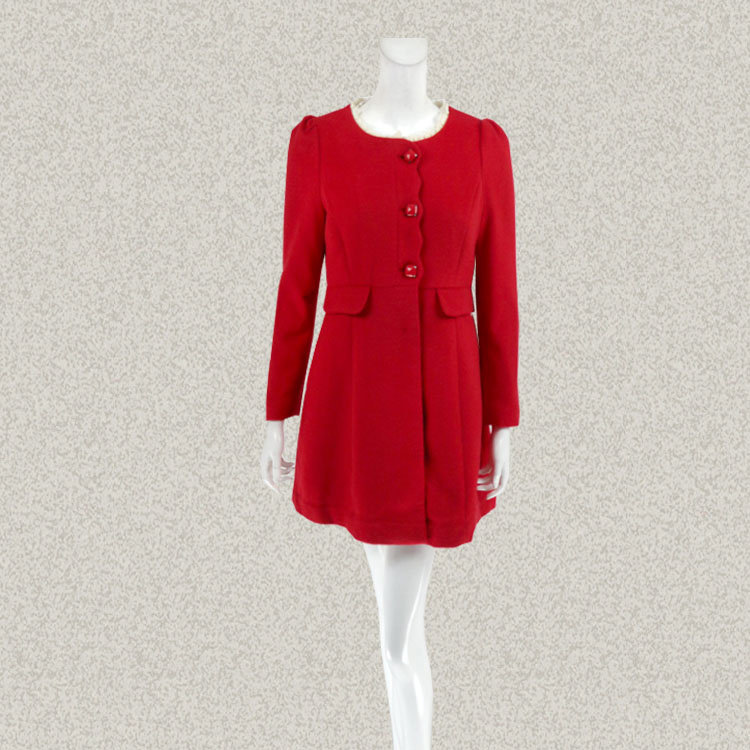 JH风 正品 可拆木耳边绣花边喜庆大红女春秋冬中长羊毛呢大衣 207