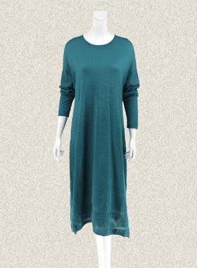 新!邦BUOU 波纹提花绿色女春秋高个长款羊毛针织连衣裙 BC3G900
