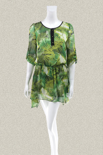 新!丝fu卡 正品 清新绿花拼色女夏雪纺连衣裙 65280565/65280475