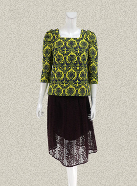 JH风 正品 拼色印花压褶七分袖方领OL女春秋微弹修身短上衣 CB409