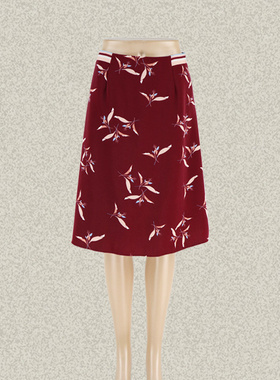 新!卡迪DL 拼色甜美酒红印花女春秋A字裙半身裙百搭中裙 CW00462