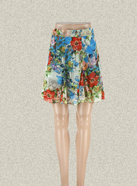 新!丝fu卡 半松紧腰安全裤衬底清新印花女夏季半身裙超短裙275105