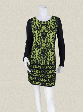 蕾DOW 正品 蕾丝羊毛针织薄呢拼色女春秋冬修身长袖连衣裙 14014