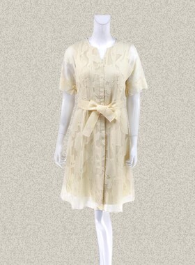 卡迪DL 正品 半透视提花束腰清新杏色女夏桑蚕丝连衣裙 AGD63190