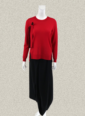 森系列 S*laxar 飘带胸花装饰开叉女春秋冬全羊毛针织衫毛衫 G526