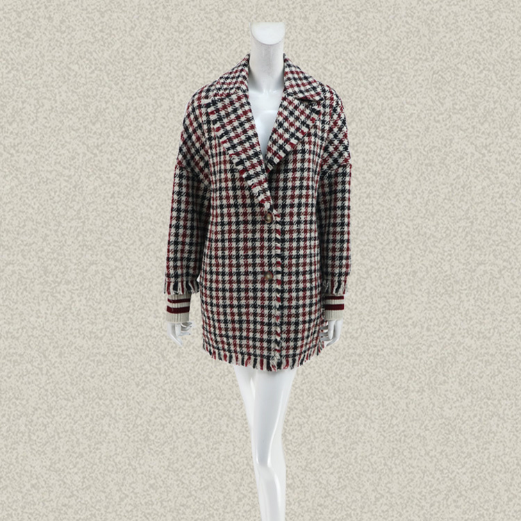 F佛 正品 毛织罗纹拼色流苏边女冬春千鸟格羊毛桑蚕丝呢大衣00056