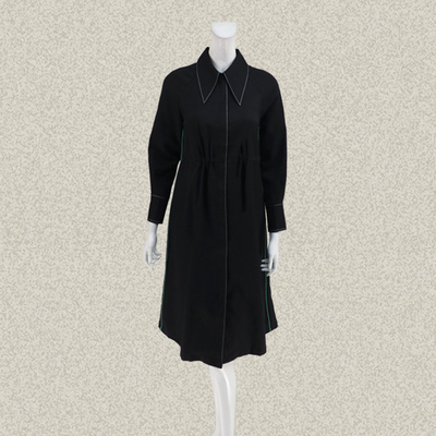 DE K*RA 正品 尖领撞色明线腰抽绳宽松黑色女春秋长袖连衣裙00145