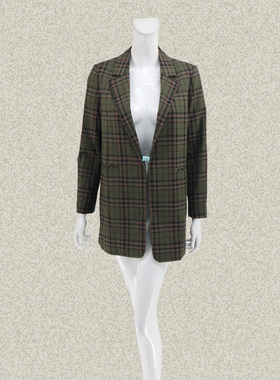 仿F 正品 拼色格子西装领无扣直身OL通勤女春秋冬中长外套 00064