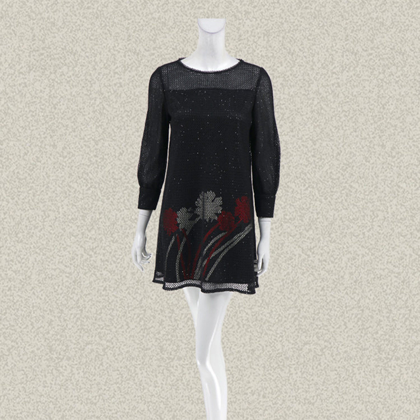 邦BUOU 正品 绣花亮片九分袖女春秋钩花蕾丝小个短款连衣裙 G181