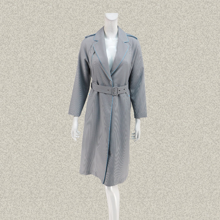 仿F 正品 拼色腰带款学院风女春秋千鸟格插肩袖风衣长外套 00077