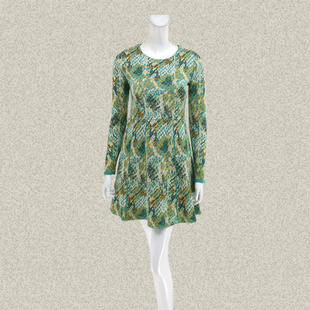 JH风 正品 清新拼色提花绿花修身女春秋冬长袖弹力针织连衣裙 145
