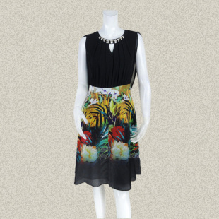 连衣裙8888868 亚克力饰印花拼色假两件女夏桑蚕丝无袖 沐LINE 正品