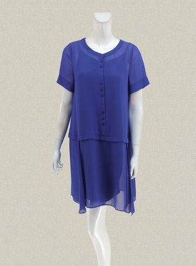 丝fu卡 正品 钮扣装饰低腰拼接宽松蓝色女春夏两件式连衣裙280258