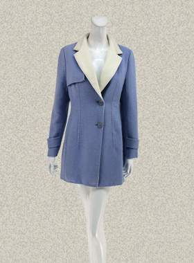 卡迪DL 清仓 拼色领蓝色女春秋冬羊毛双面呢大衣毛呢外套T154H018